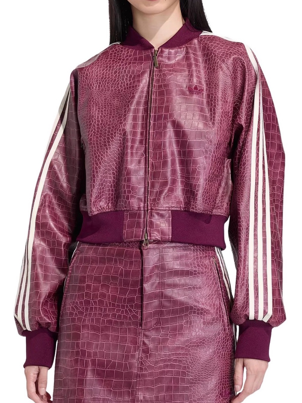 2 PIECE…adidas Burgundy Croc-Embossed Bomber Jacket with matching skirt #SET - Picture 1 of 8